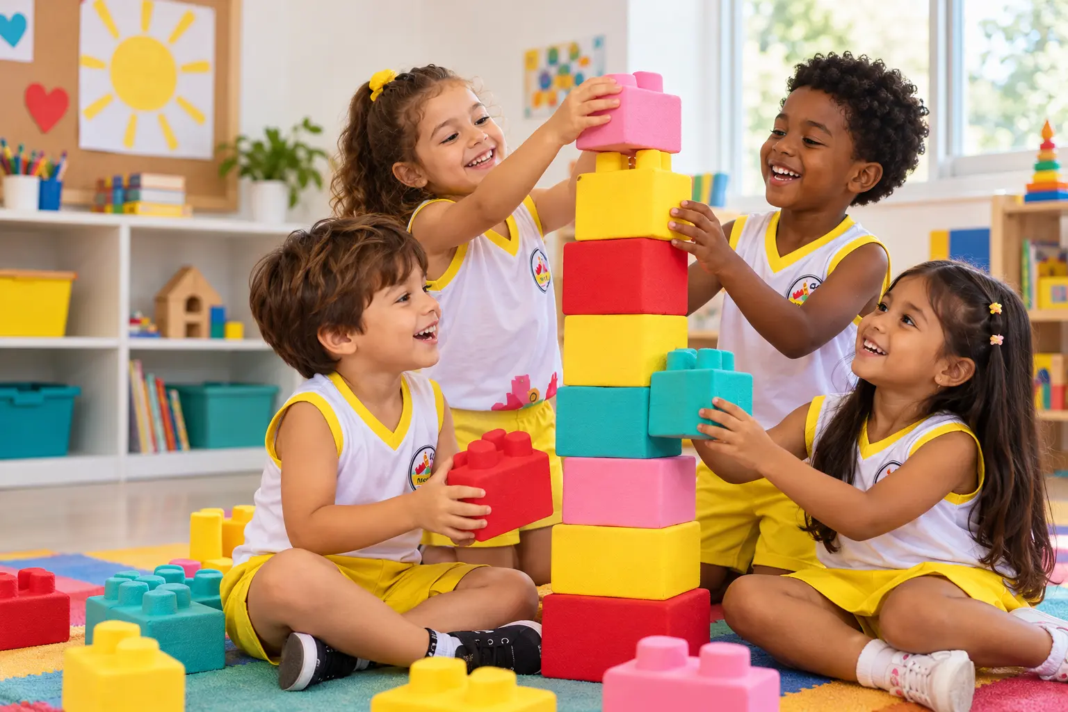 Crianças do CEI com a farda da escola montando uma torre de blocos coloridos