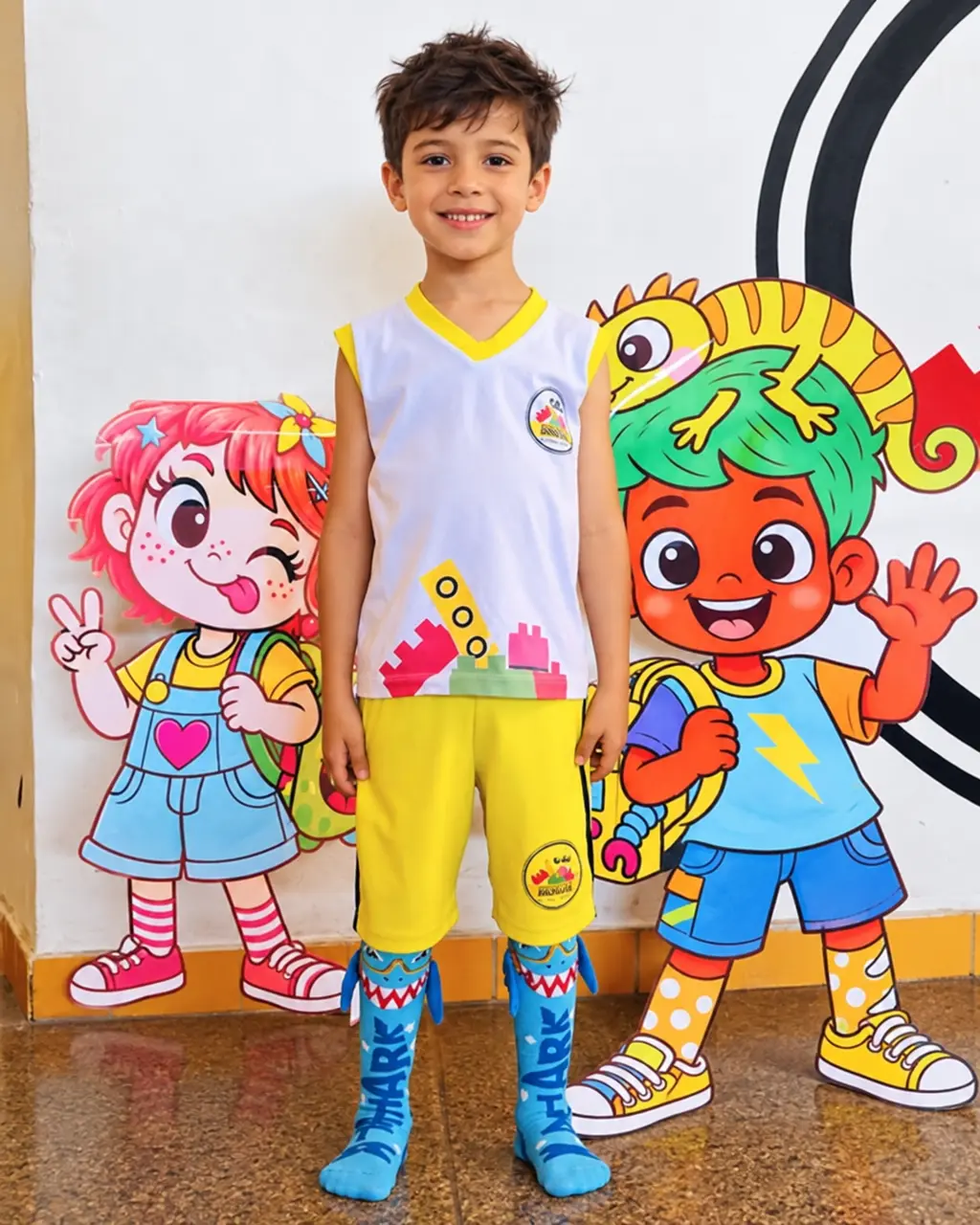 Aluno do CEI com a farda da escola e meias coloridas no dia da Meia Maluca